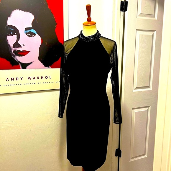 Jessica Howard Dresses & Skirts - Vintage Velvet Black Dress with Sheer Sleeves